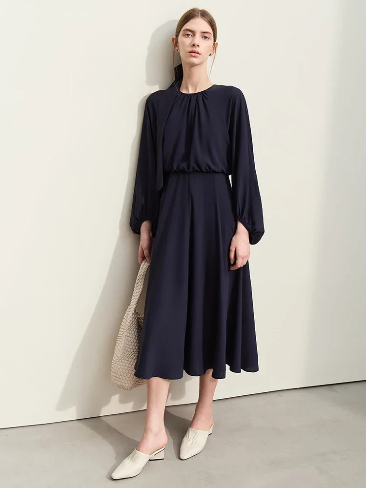 Minimalist Women's Chiffon Dress - 2024 Spring Collection, Solid Color, Loose A-Line Design, Lantern Sleeves, Long Dress with Detachable Belt