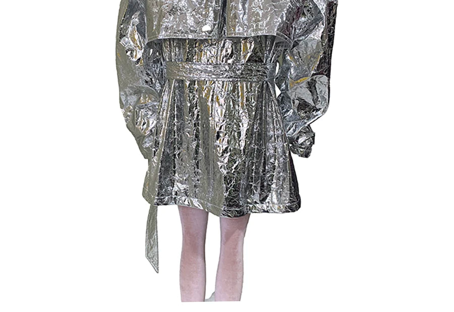 Autumn Oversized Shiny Silver Trench Coat for Women Belt Double Breasted European Fashion Emo Clothes Y2K Streetwear