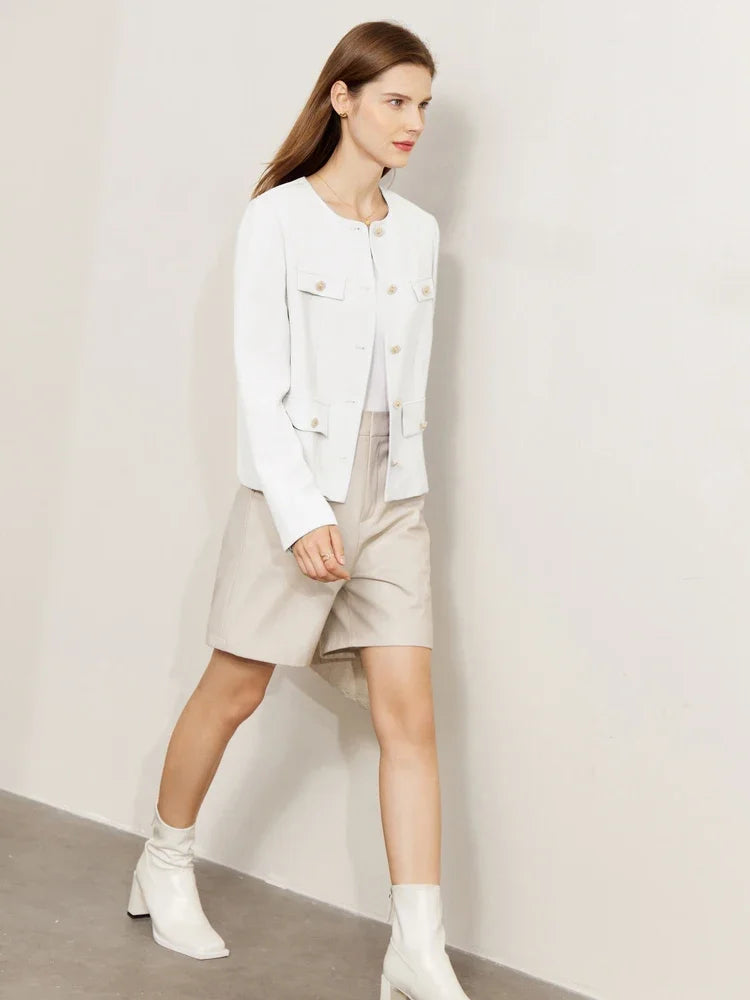 Minimalist Women's Jacket - Spring Collection, Elegant Round Neck, Straight Shoulder, Light Tuxedo-Style Short Coat