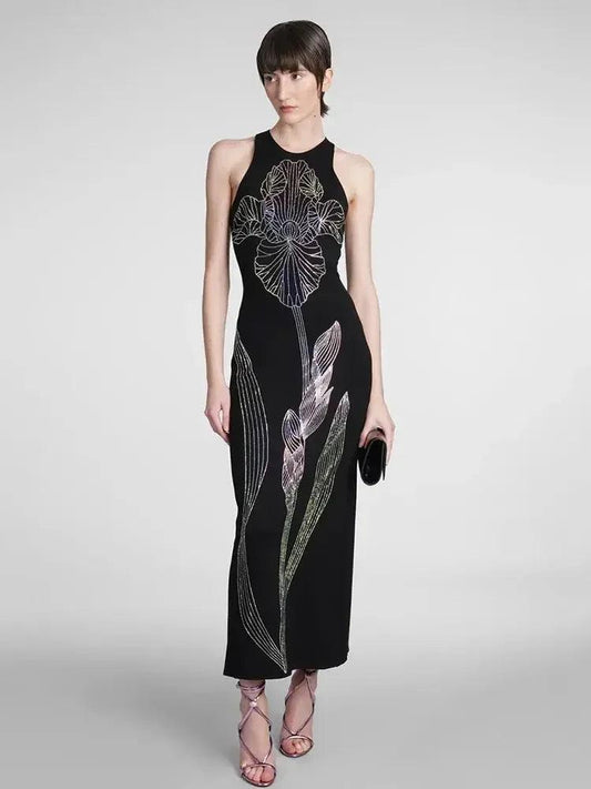 Black Sleeveless Maxi Bandage Dress with Diamond Flower Detail - Elegant Choice for Celebrity Parties & Events - HER SHOP