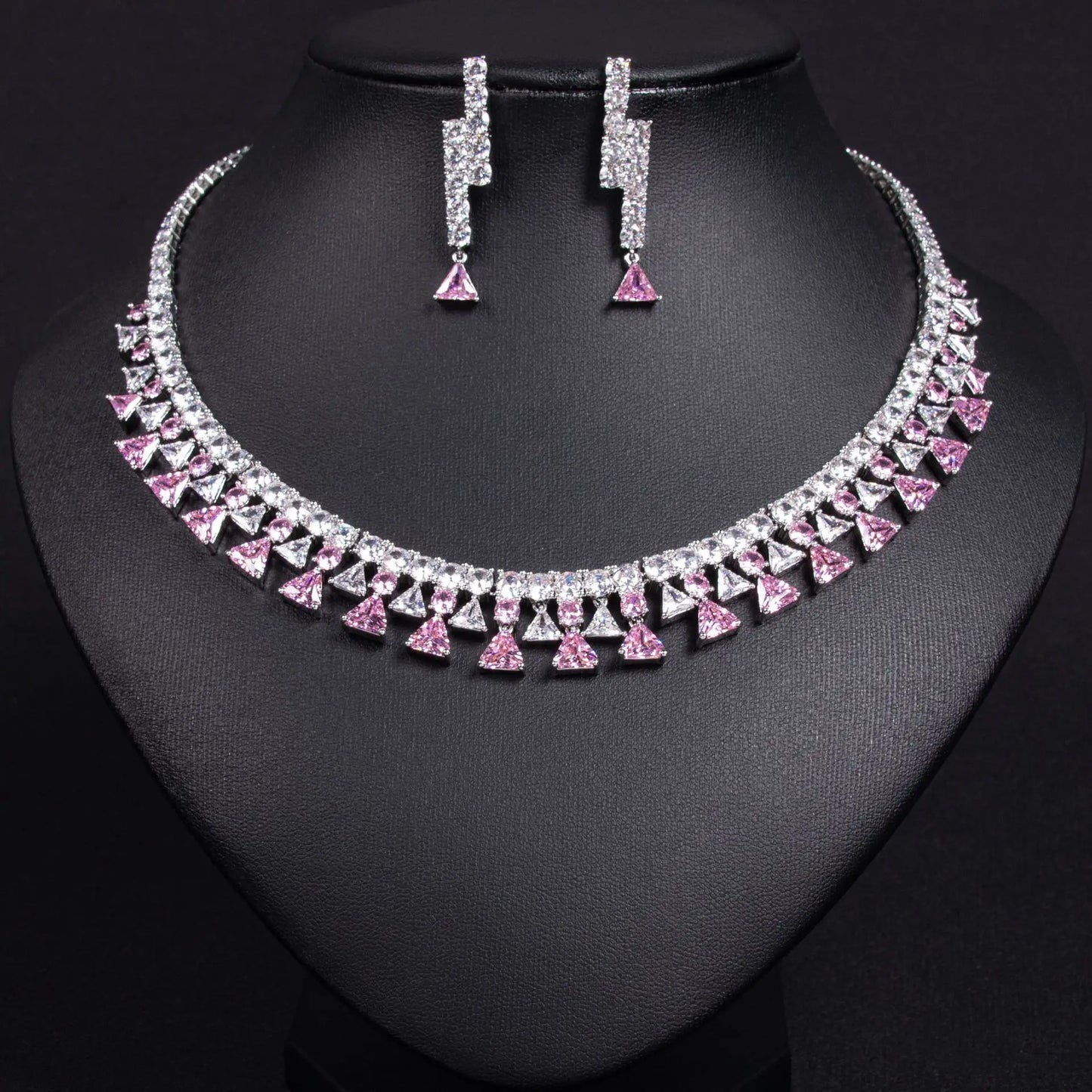 Geometric Triangle Zircon Jewelry Set for Women Shiny Necklace & Earrings for Dubai Bridal Wedding or Party Gift