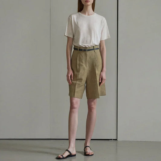 100% Linen High Waist Shorts for Women - Solid Color Knee-Length Summer Pants | Casual Streetwear Sale | Pantalones Mujer Verano - HER SHOP®