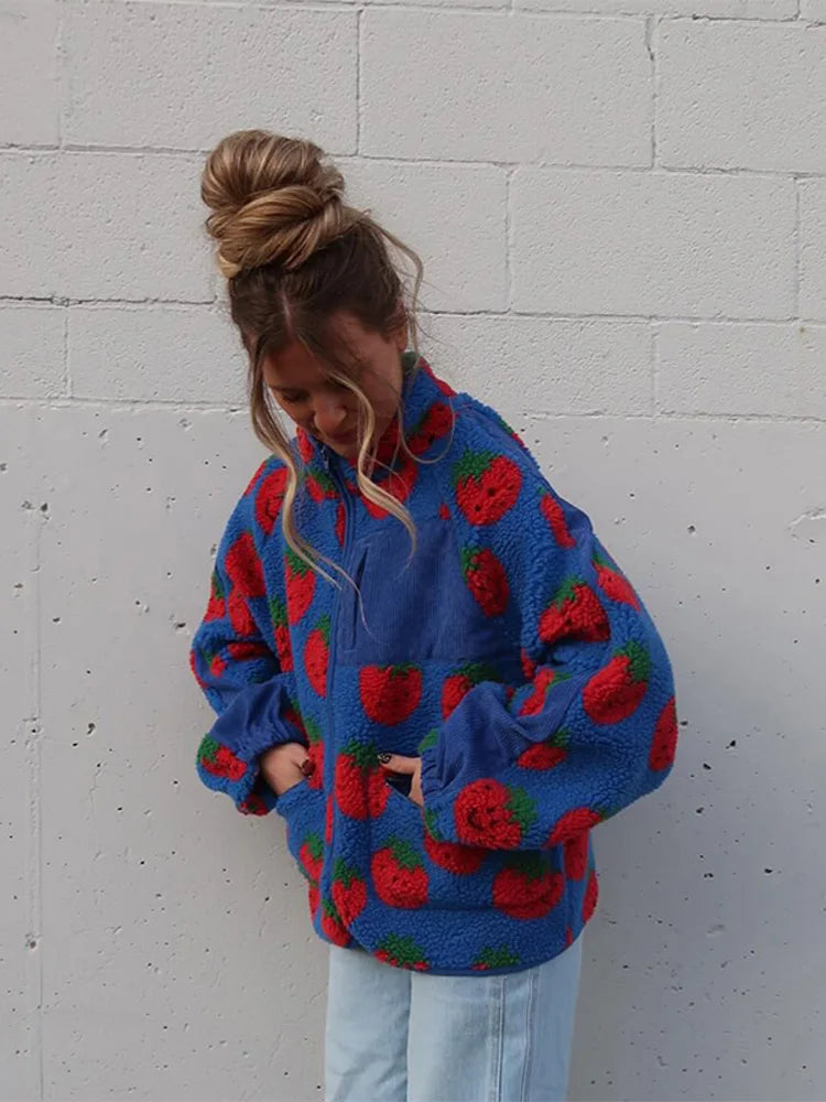 Retro Printed Plush Zipper Short Jacket Women Casual Loose High Neck Pocket Jackets Coat Lady 2025 Versatile Chic Street Outwear