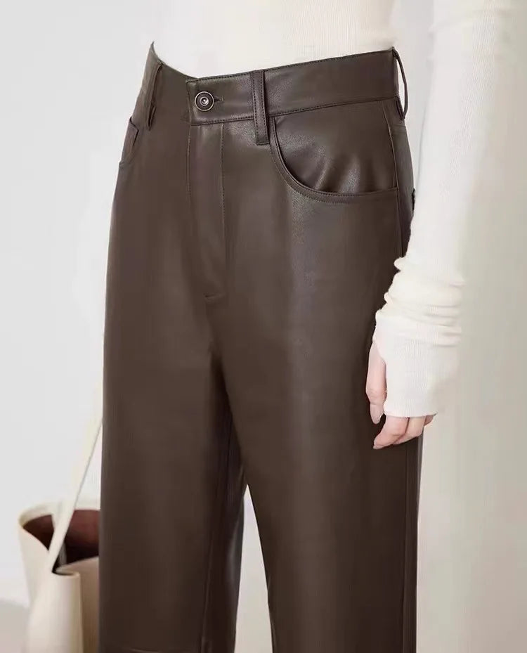 Genuine Sheepskin Leather Pants for Women Casual Loose Wide Leg Pants 2024 New Chic Lady Brown High Waist Ankle-Length Trousers