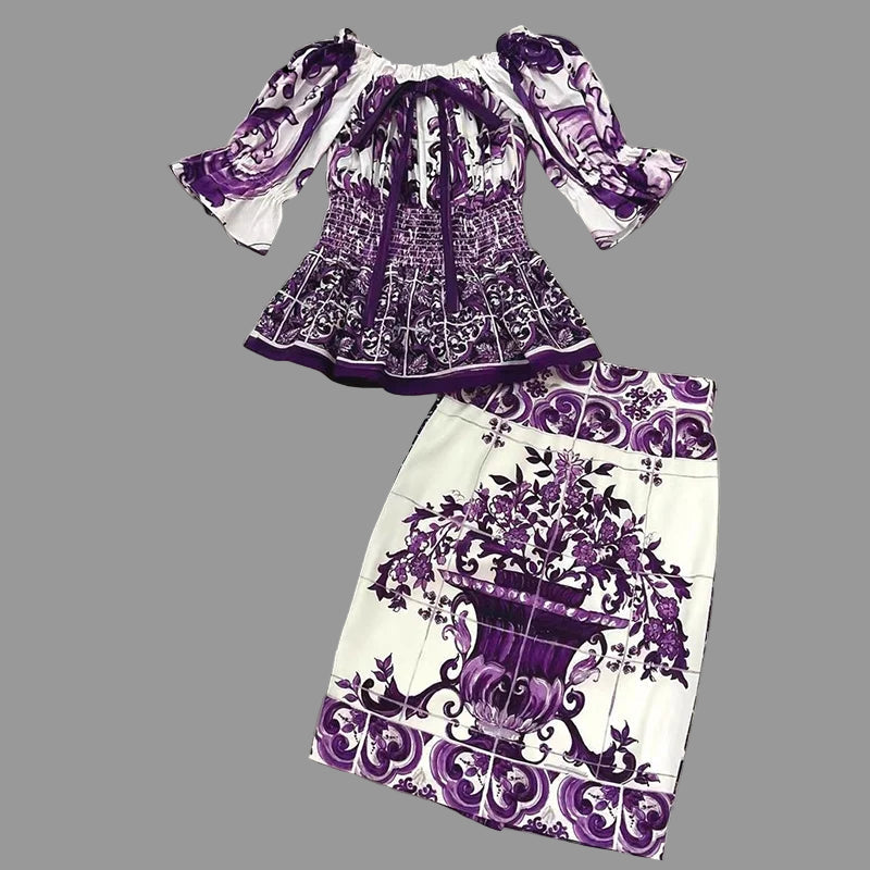 Elegant Women's Silk Top & Printed Cotton Skirt Set – 2-Piece Turn-Down Collar Outfit