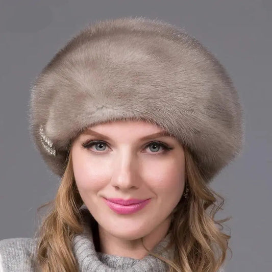 Real Mink Fur Hat for Women  -  Winter Beret with Diamond Detail, Brown Beanie Style, Russian Fashion - HER SHOP
