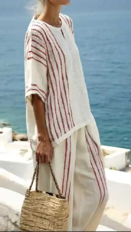 Women’s Cotton Linen Striped Two-Piece Set – Short Sleeve Pullover Top & High Waist Wide Leg Pants, Spring/Summer Outfit