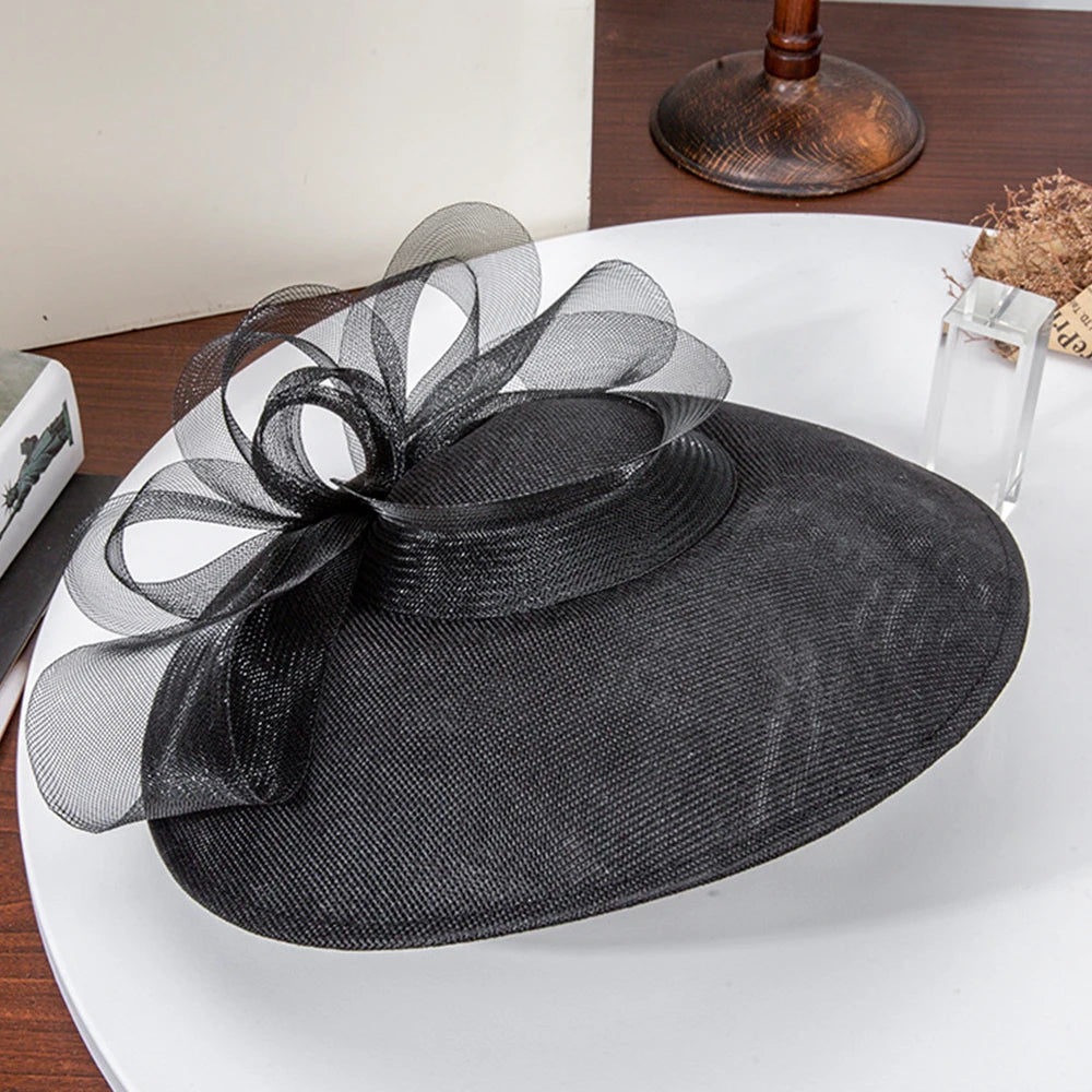 Retro Bridal Wide Brim Fascinator Hat for Women – Wedding, Cocktail, Tea Party, Church & Derby Hat with Gauze Bowknot