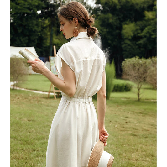 Women’s Summer Lyocell Shirt Dress – Elegant Vintage Short Sleeve Flared Midi Dress - HER SHOP