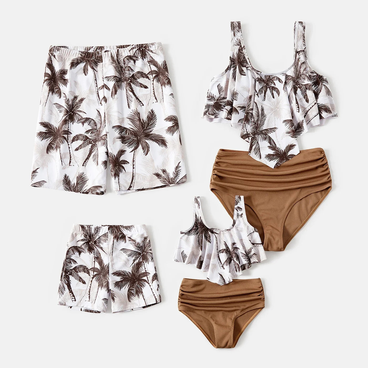 Family Matching Coconut Tree Print Swimwear – Ruched One-Piece Swimsuit & Swim Trunks Beach Set