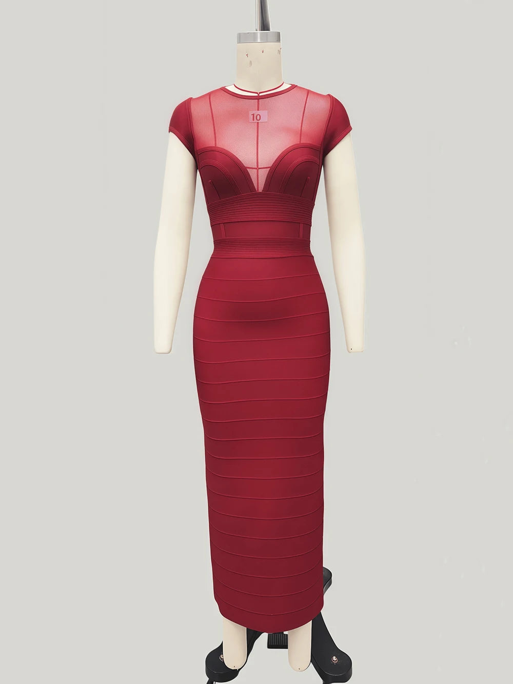 Black Burgundy Mesh Patchwork Bodycon Midi Bandage Dress – Women’s Elegant Club Party Dress