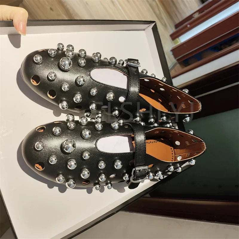 New Rivet Round Head Flat Shoes Orange Leather Sandal Buckle Ballet Sandal Silver Hollow Mary Jane Shoes Lipstick Key Bag 34-45