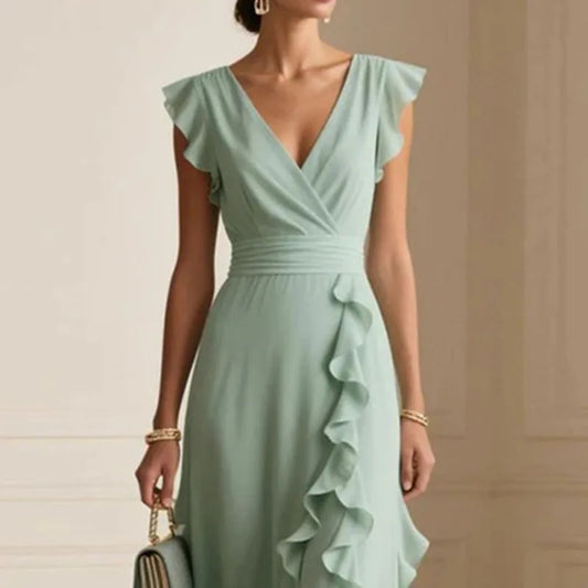 Boho Long Ruffle Dress – Women's V-Neck High Waist Butterfly Sleeve Maxi Dress - HER SHOP