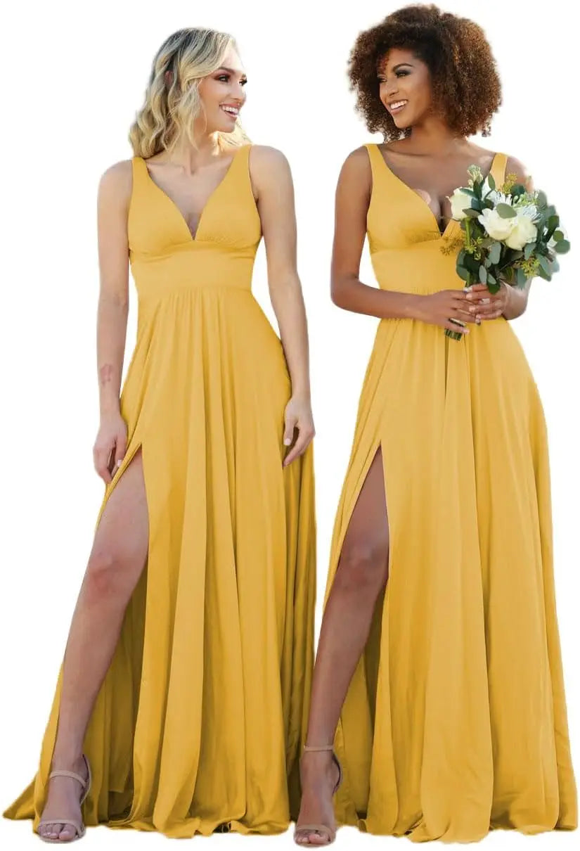 Champagne Gold Bridesmaid Dress – Elegant V-Neck Satin Chiffon Gown for Wedding, Prom & Formal Events