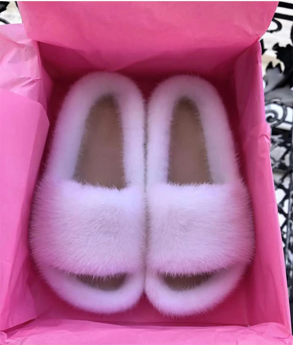 Luxury Real Mink Fur Slippers for Women – Summer Flat Slides with Plush Fur and Sheepskin Insole