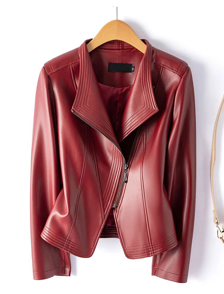 Women’s Sheepskin Leather Jacket – Short Slim Fit Split Design Coat in Black or Wine Red (M–5XL)