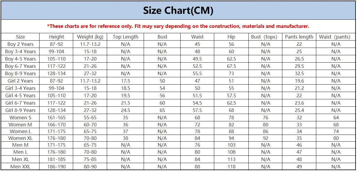 Size chart in centimeters for various age groups and genders