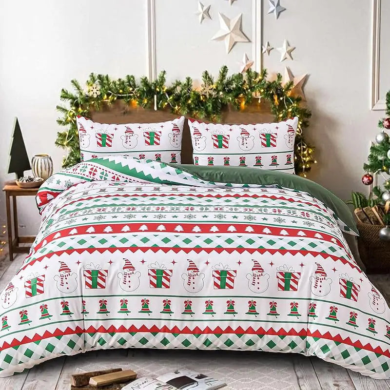 Red Countryside Christmas Bedding Set – 3-Piece Holiday Microfiber Duvet Cover with 2 Zippered Pillowcases