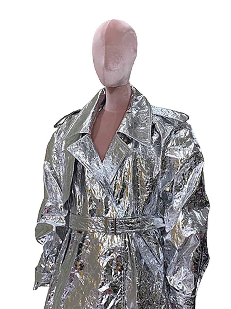 Autumn Oversized Shiny Silver Trench Coat for Women Belt Double Breasted European Fashion Emo Clothes Y2K Streetwear