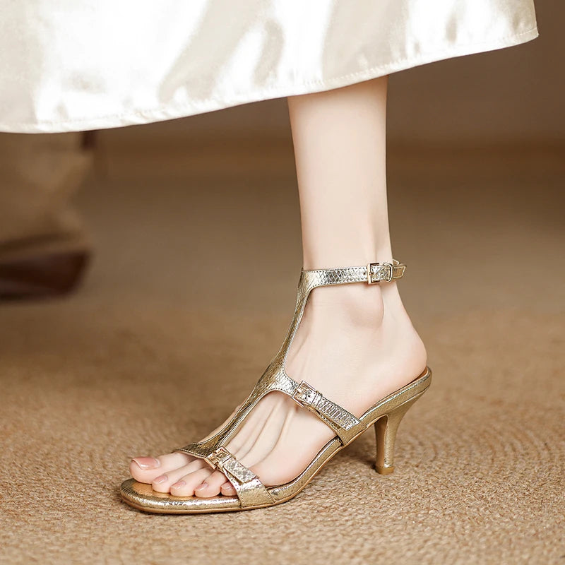 2025 Summer New Women Sandals Shoes High Heel Genuine Leather Sexy Round Toe Ankle Strap Party Shoes Pumps Buckle Wedding 34-42