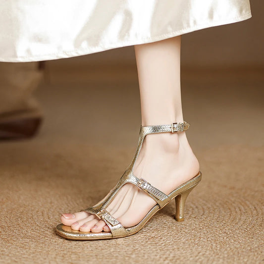 2025 Summer New Women Sandals Shoes High Heel Genuine Leather Sexy Round Toe Ankle Strap Party Shoes Pumps Buckle Wedding 34-42 - HER SHOP