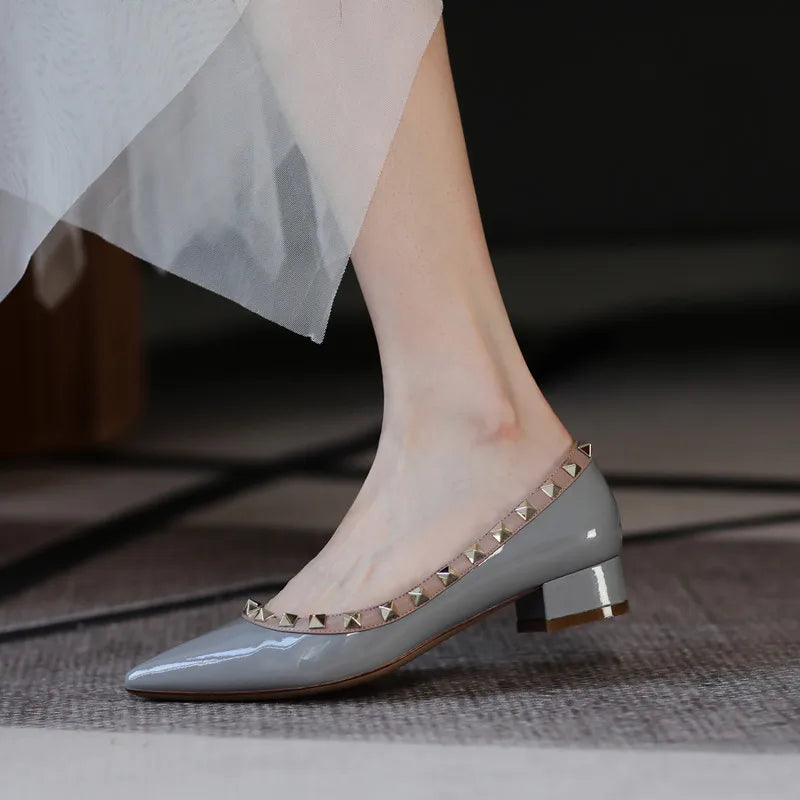 Luxury Leather Rivet High Heels | Designer Pointed Toe Square Heel Pumps for Women