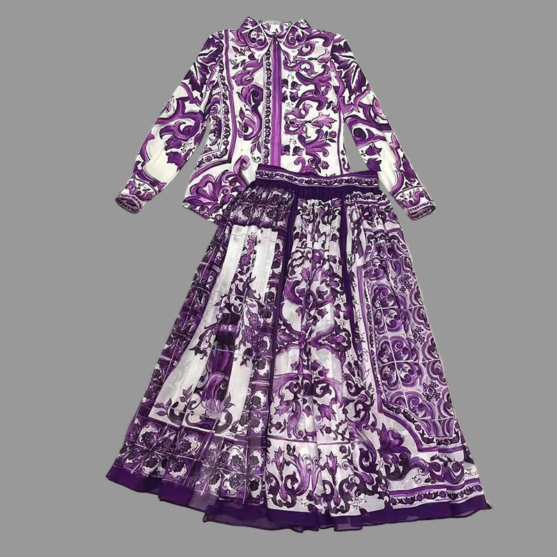 Purple and white patterned dress on a marble floor with 'Seifrmann' branding.