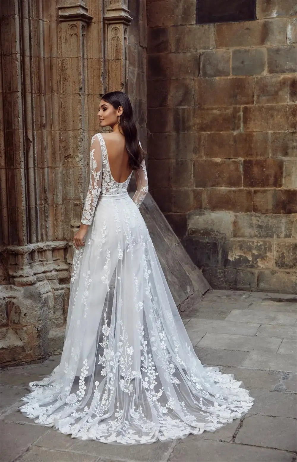 Illusion Long Sleeve Wedding Jumpsuit with Removable Train | Lace Floral Sheer Custom Bohemian Beach Bridal Pant Suit