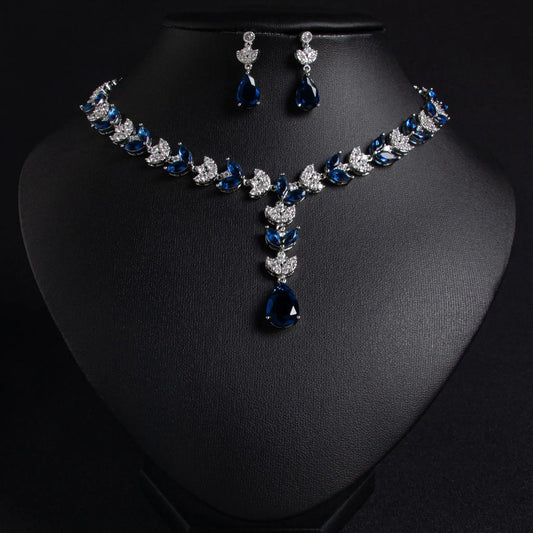European & American Luxury Colorful Water Drop Zircon Necklace and Earrings Set Wheat-Inspired 2-Piece Bridal Jewelry for Wedding or Dinner Party Gift - HER SHOP