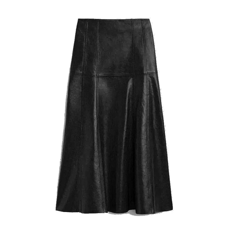 Leather Long 80cm Skirt Women New Fashion Attractive Seam Design Pleated Maxi Skirt Ladies Faldas Largas Streetwear Customizable