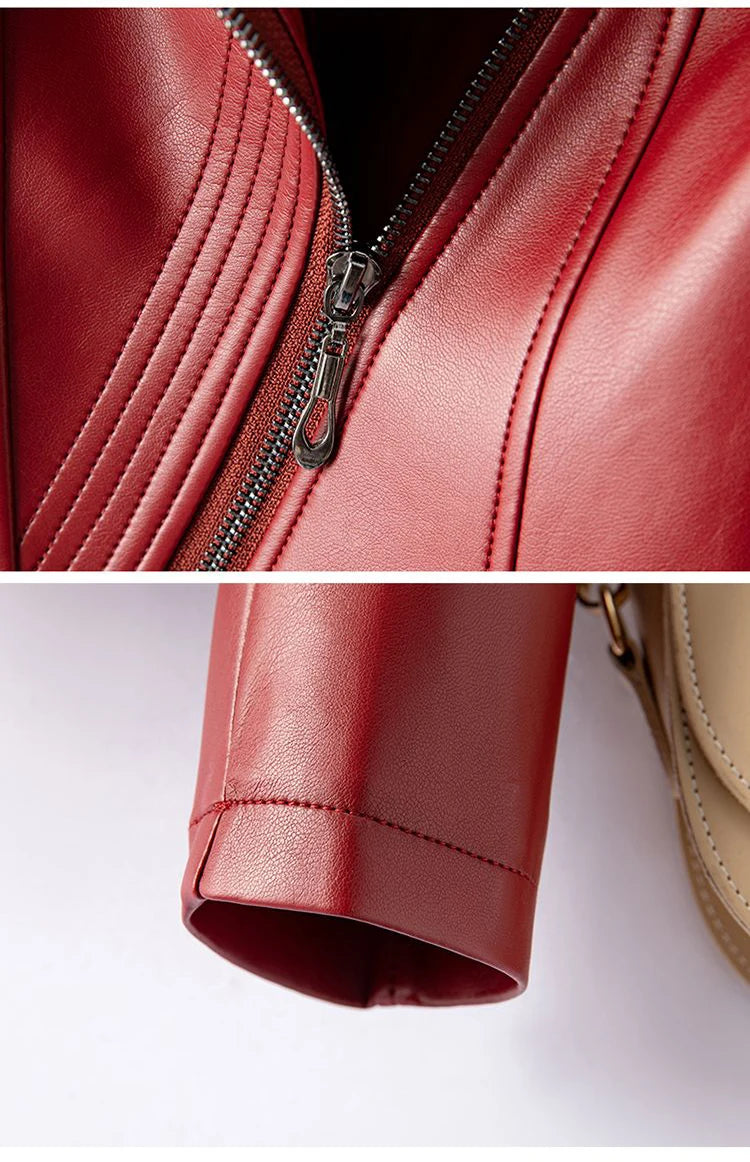 Women’s Sheepskin Leather Jacket – Short Slim Fit Split Design Coat in Black or Wine Red (M–5XL)