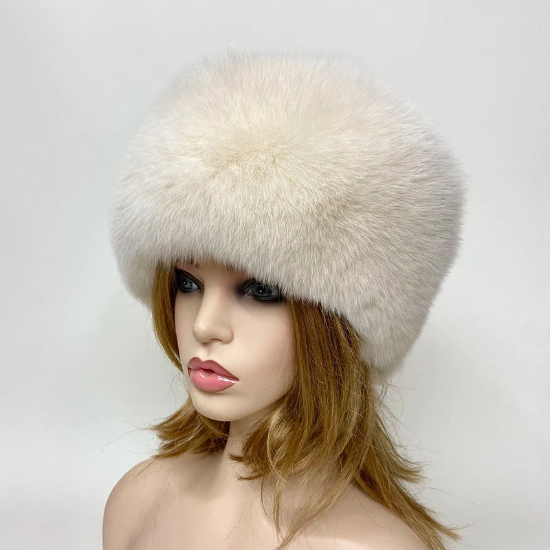 Winter Women's Fluffy Warm Round Hat – Natural Real Fox Fur Bomber Hat