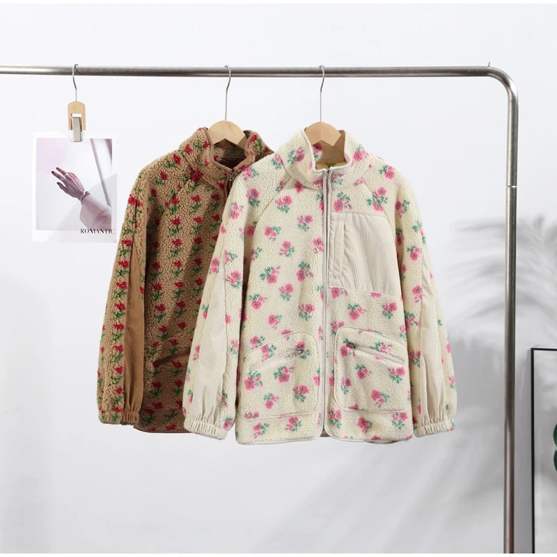 Retro Printed Plush Zipper Short Jacket Women Casual Loose High Neck Pocket Jackets Coat Lady 2025 Versatile Chic Street Outwear
