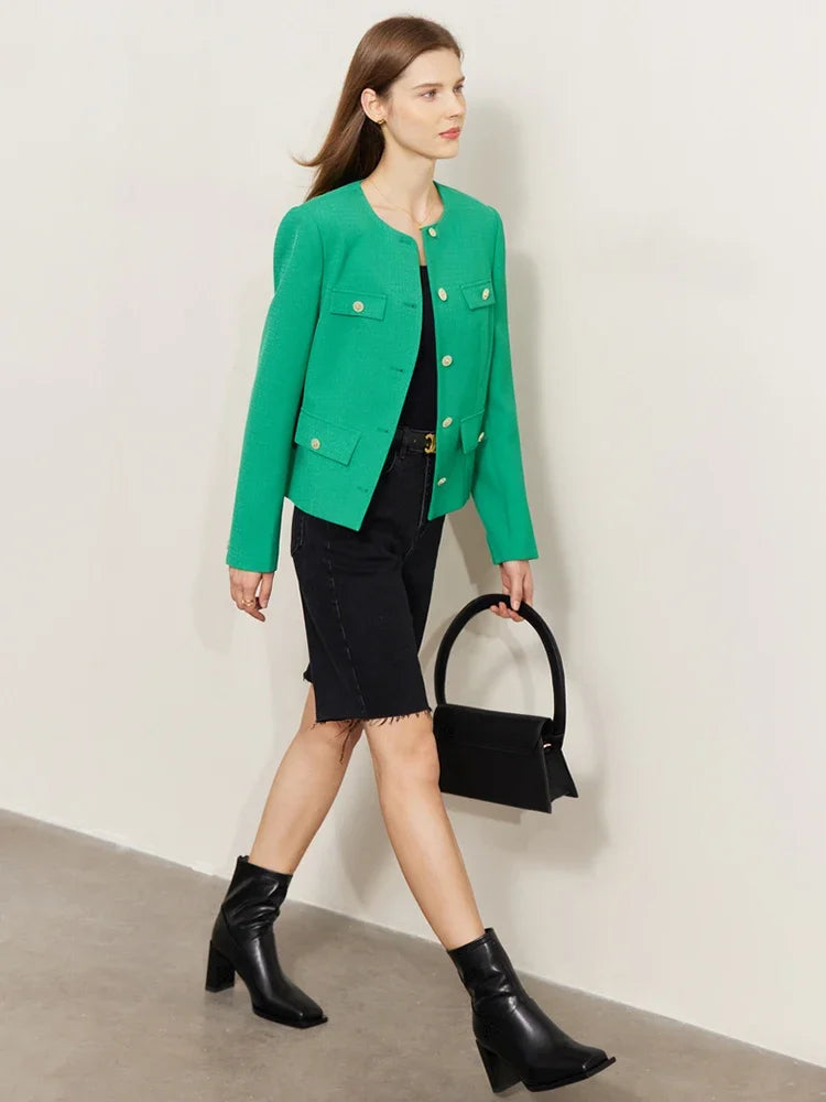 Minimalist Women's Jacket  -  Spring Collection, Elegant Round Neck, Straight Shoulder, Light Tuxedo-Style Short Coat