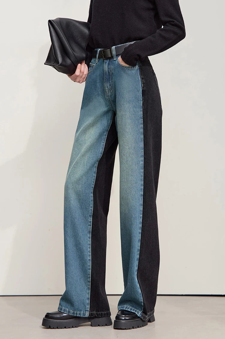 Retro Patchwork Wide-Leg Denim Jeans – Casual Loose Fit Women’s Pants