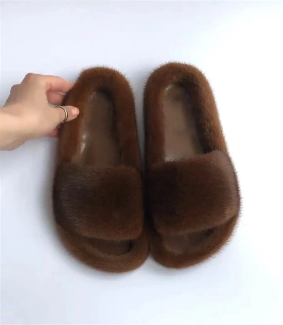 Luxury Real Mink Fur Slippers for Women – Summer Flat Slides with Plush Fur and Sheepskin Insole