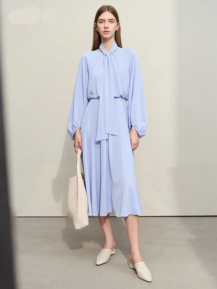 Minimalist Women's Chiffon Dress - 2024 Spring Collection, Solid Color, Loose A-Line Design, Lantern Sleeves, Long Dress with Detachable Belt