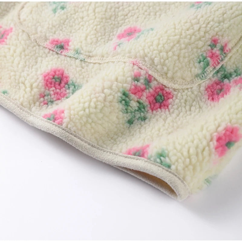 Retro Printed Plush Zipper Short Jacket Women Casual Loose High Neck Pocket Jackets Coat Lady 2025 Versatile Chic Street Outwear