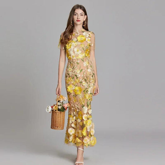 Slim Fishtail Dress with 3D Flower Embroidery and Mesh Waist Detail - HER SHOP®