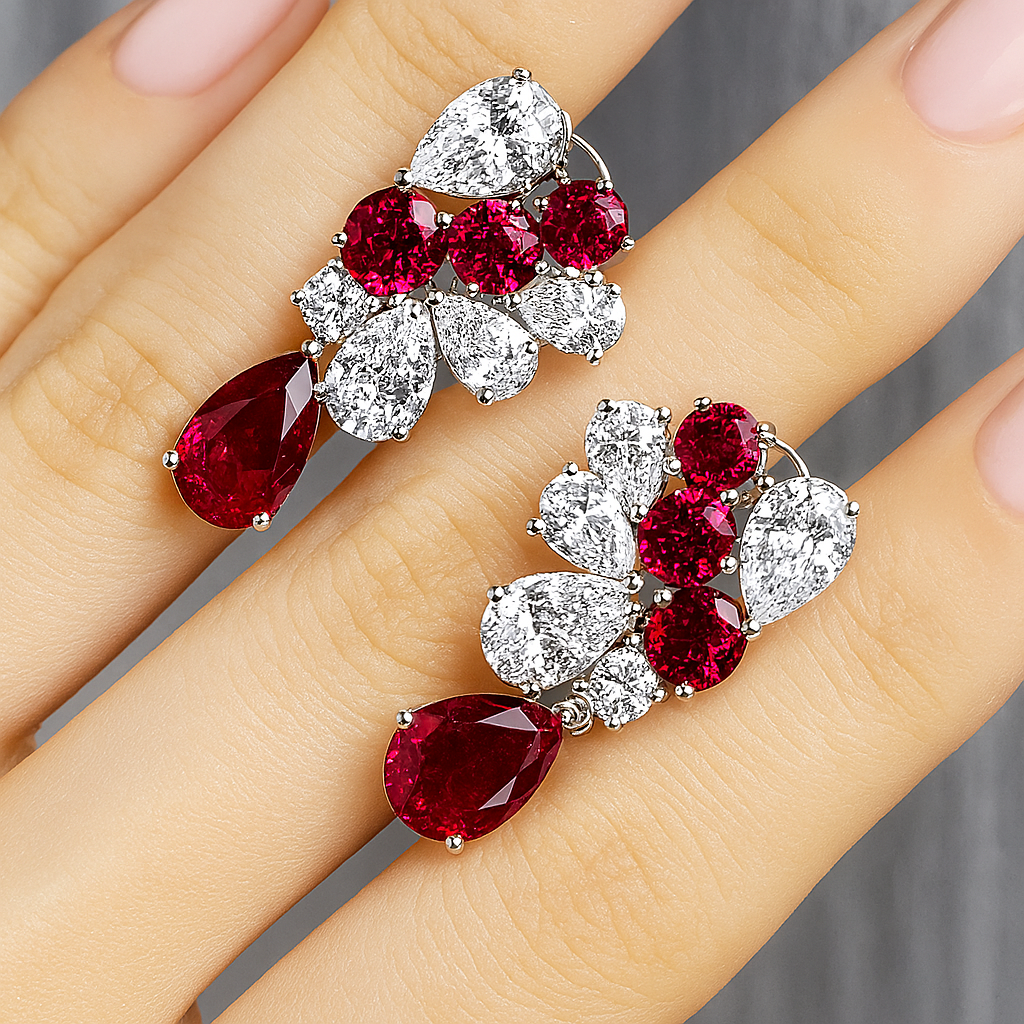 Solid 14K White Gold & Platinum Lab-Grown Ruby and Lab-Grown Diamond Jewelry Set