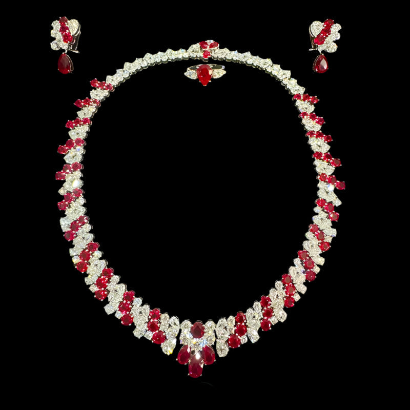 Solid 14K White Gold & Platinum Lab-Grown Ruby and Lab-Grown Diamond Jewelry Set – Necklace (Total 100ctw), Earrings (Total 16.5ctw)