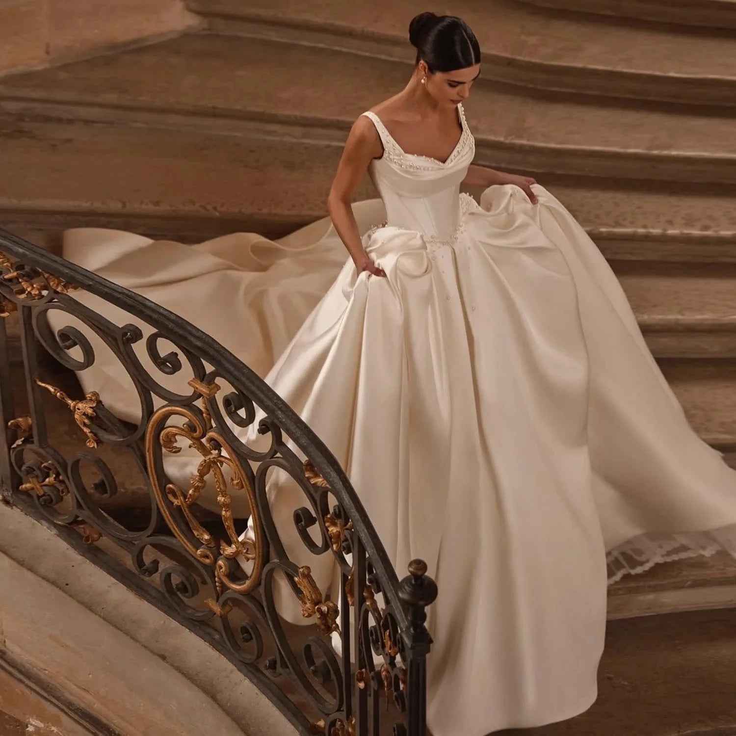 Sweetheart Off-Shoulder Ball Gown Wedding Dress  Pearl Detail, Court Train, Princess Silhouette