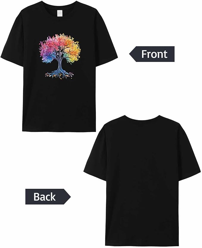 Black t-shirt with a colorful tree design on the front, shown from both front and back views.