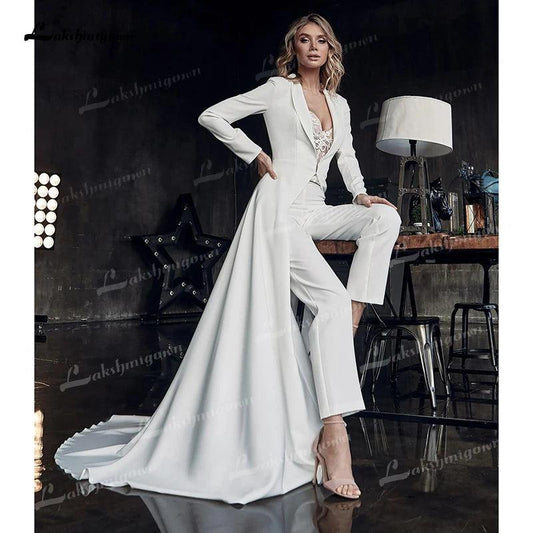 Custom Made Bohemian Lace Jumpsuit Wedding Dress with Jacket - HER SHOP®