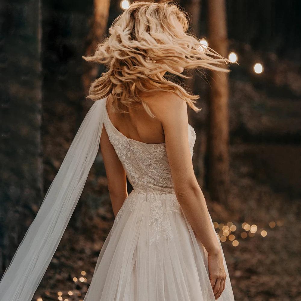 Custom One-Shoulder Ruched Tulle Beach Boho Wedding Dress with Beading & Floral Appliqués