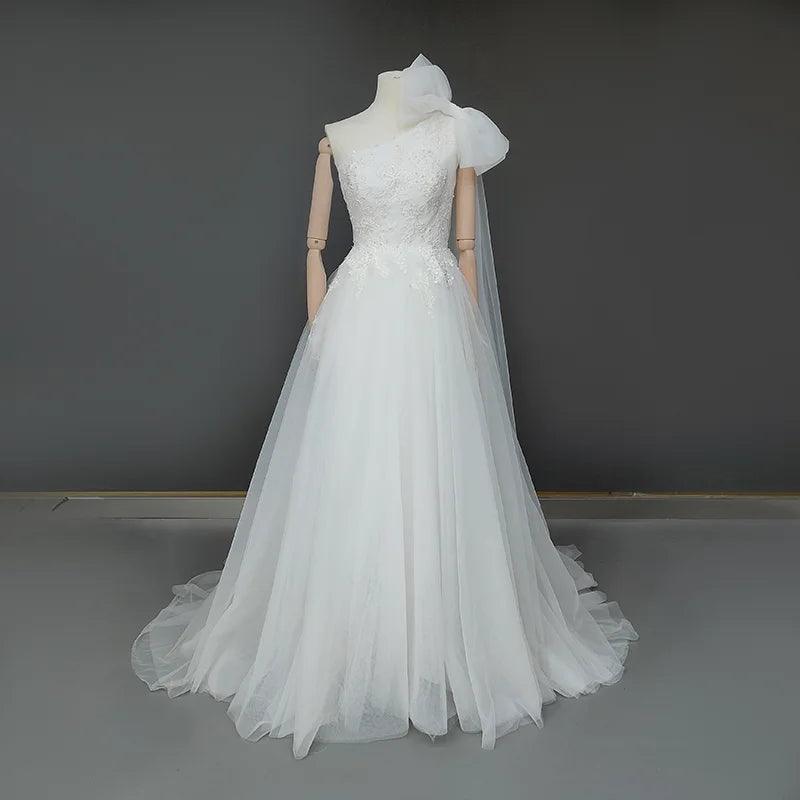 Custom One-Shoulder Ruched Tulle Beach Boho Wedding Dress with Beading & Floral Appliqués