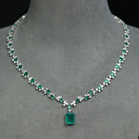 Vintage 100% 925 Sterling Silver 15×17MM Emerald & High Carbon Diamond Gemstone Pendant Necklace - Fine Jewelry Gift for Women - HER SHOP