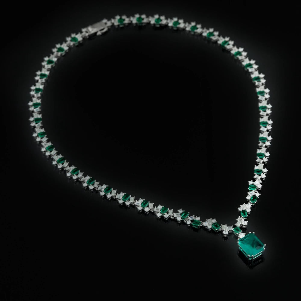 Vintage 100% 925 Sterling Silver 15×17MM Emerald & High Carbon Diamond Gemstone Pendant Necklace - Fine Jewelry Gift for Women