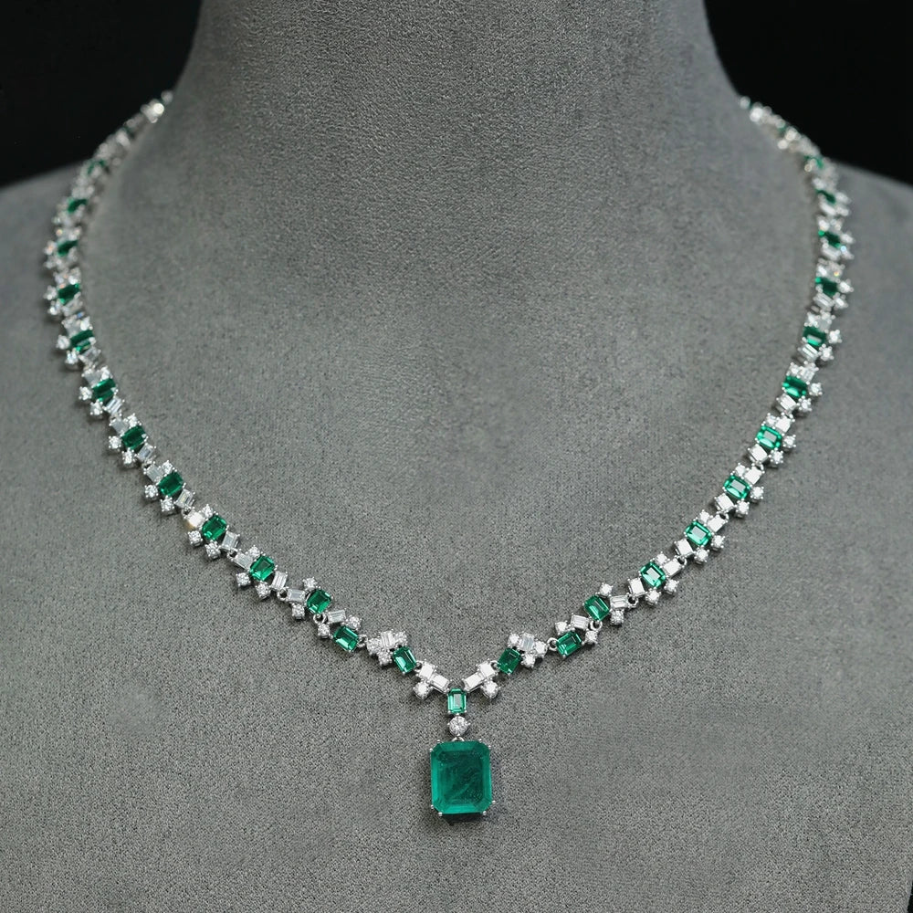 Vintage 100% 925 Sterling Silver 15×17MM Emerald & High Carbon Diamond Gemstone Pendant Necklace - Fine Jewelry Gift for Women