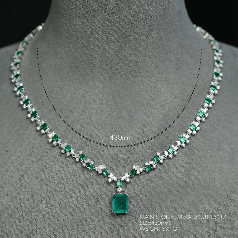 Vintage 100% 925 Sterling Silver 15×17MM Emerald & High Carbon Diamond Gemstone Pendant Necklace  -  Fine Jewelry Gift for Women